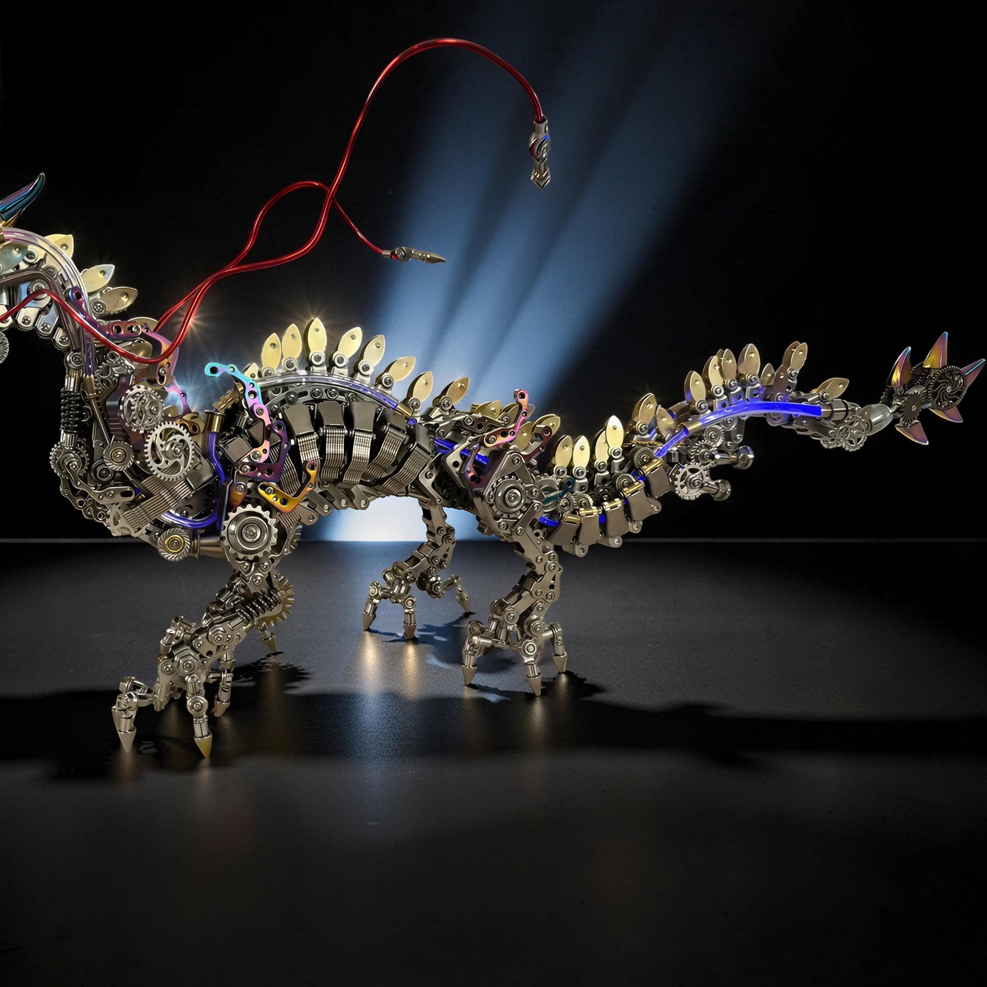 The Curious Mind Chinese Dragon 3D metal model kit with intricate gears, red wire accents, and blue LED lights.