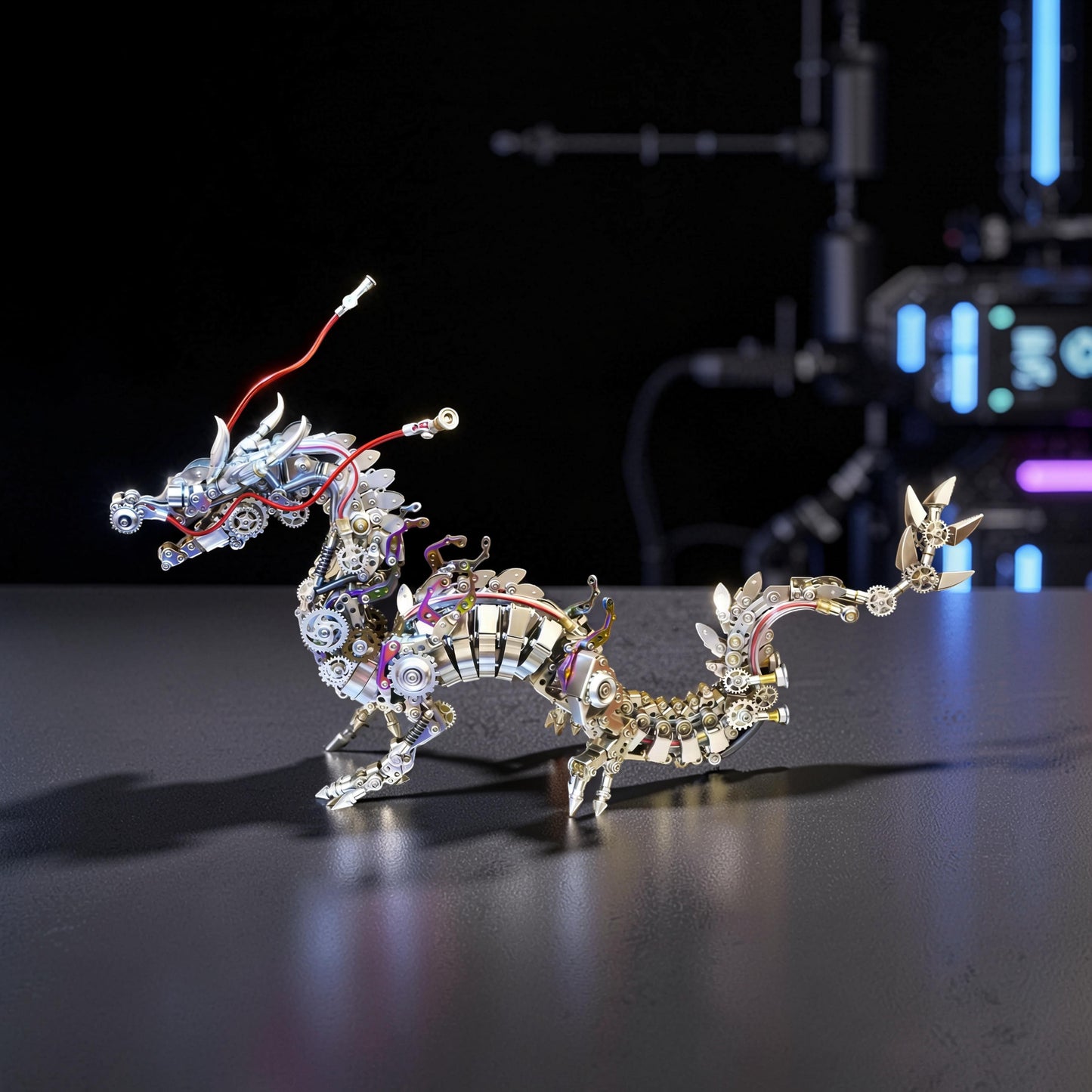 The Curious Mind Chinese Dragon 3D metal model kit with intricate gears and metallic finish. Features red wire accents and a steampunk aesthetic.