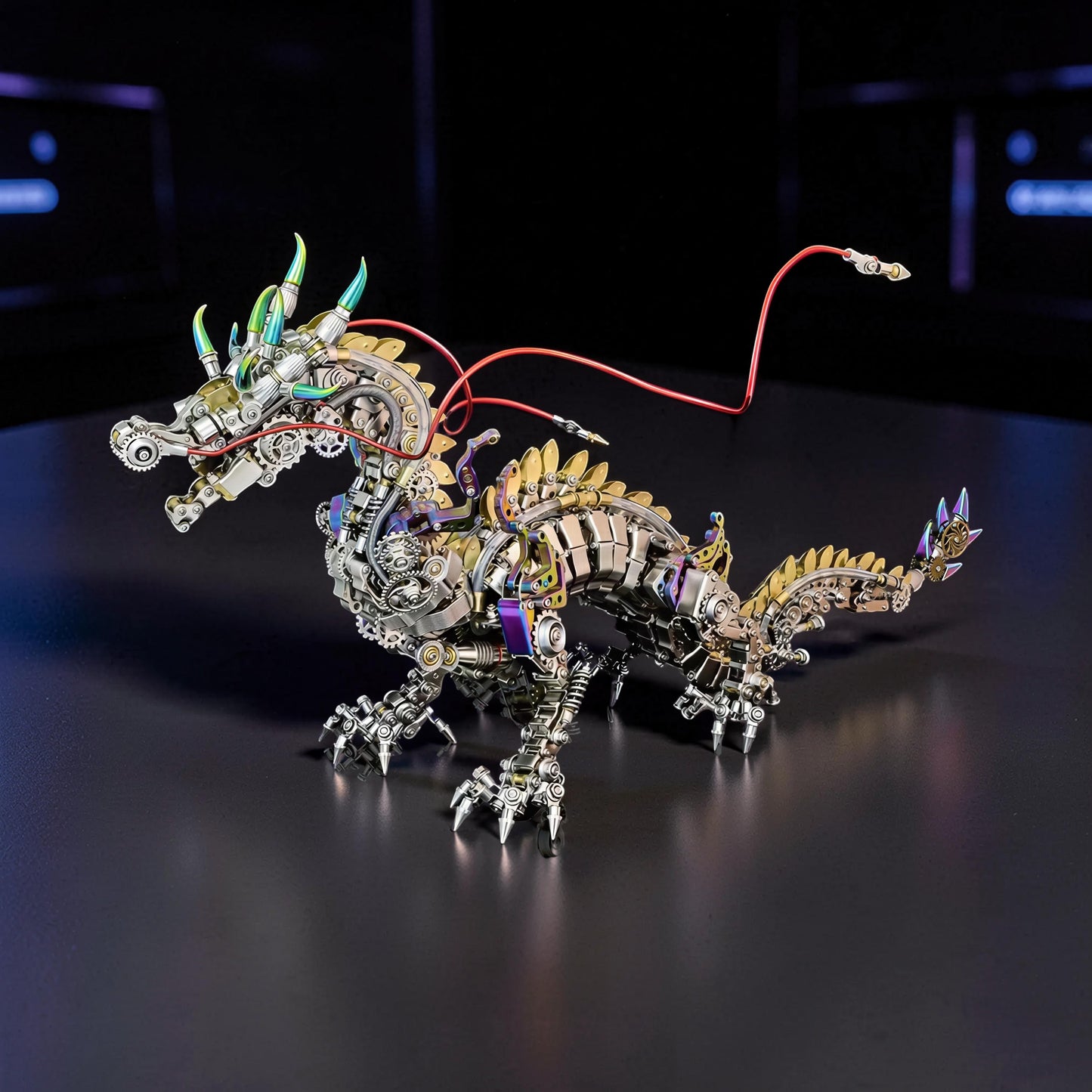 The Curious Mind Chinese Dragon 3D metal model kit with intricate gears, metallic finish, and colorful accents. A detailed steampunk-inspired collectible.