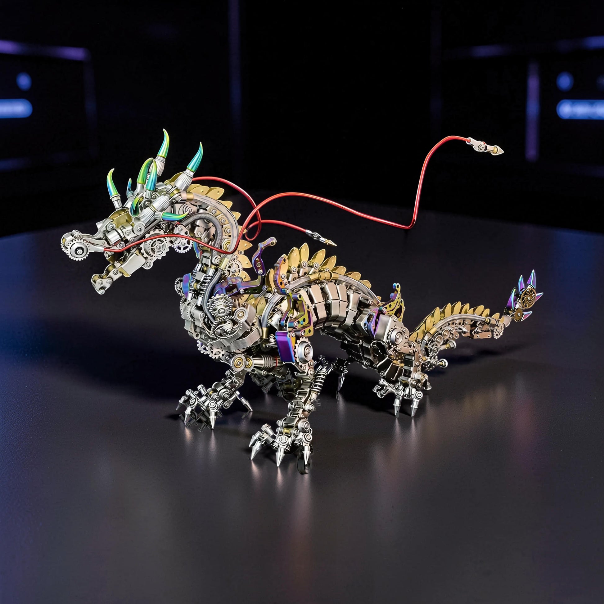 The Curious Mind Chinese Dragon 3D metal model kit with intricate gears, metallic finish, and colorful accents. A detailed steampunk-inspired collectible.
