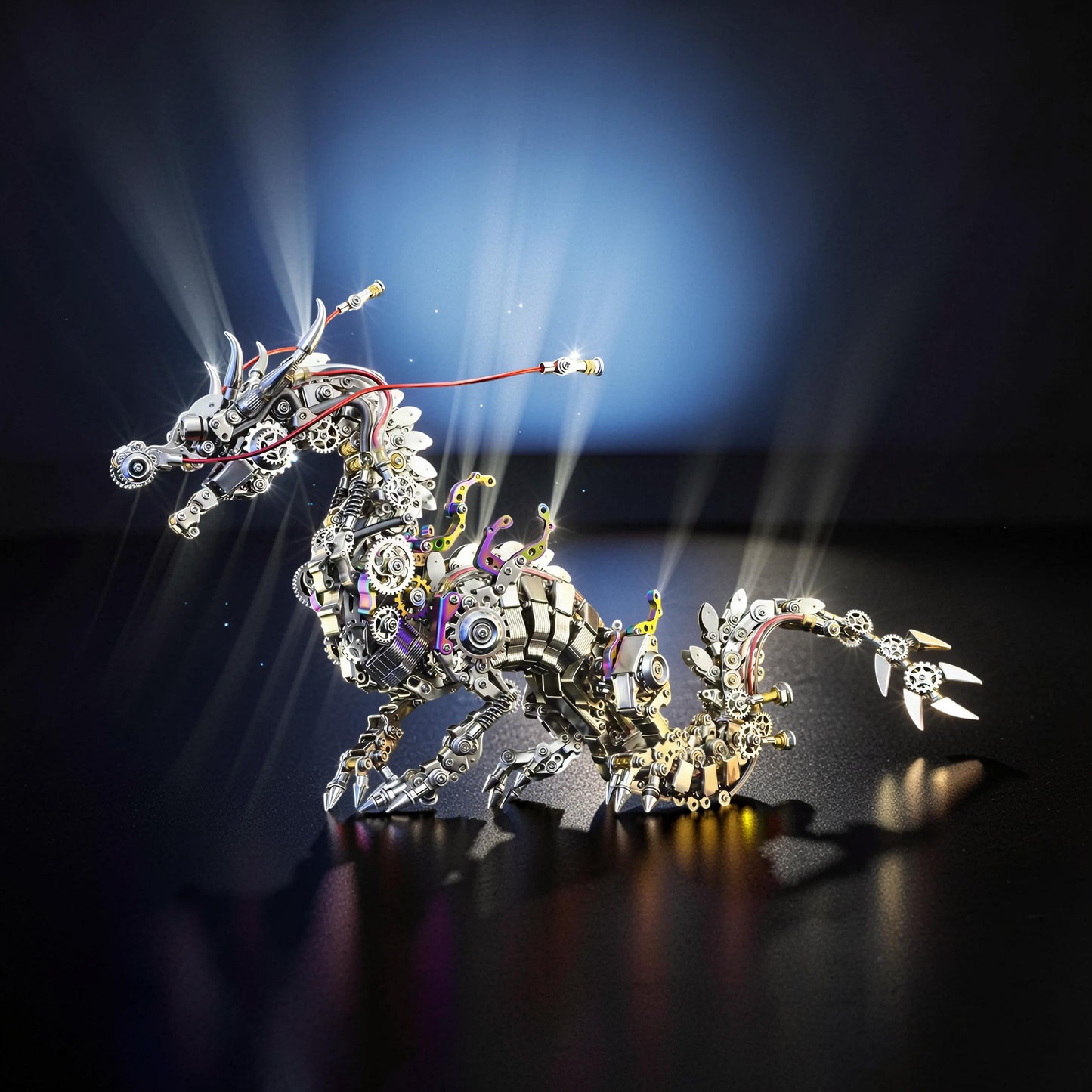 The Curious Mind Chinese Dragon premium 3D metal model kit, intricate mechanical design with gears and wires, metallic finish.
