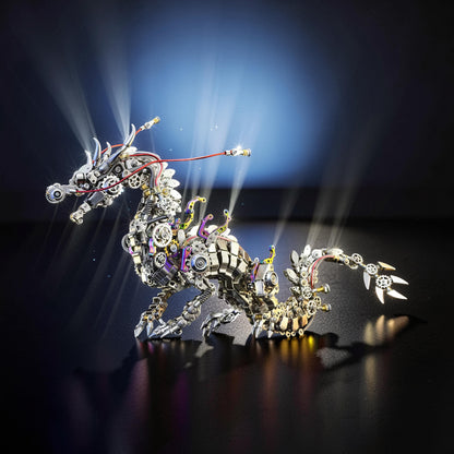The Curious Mind Chinese Dragon premium 3D metal model kit, intricate mechanical design with gears and wires, metallic finish.