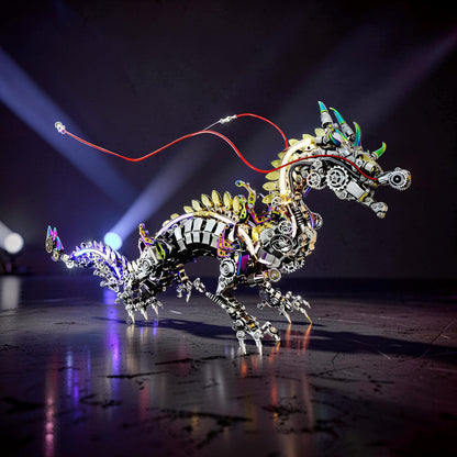 The Curious Mind Chinese Dragon 3D metal model kit with intricate gears and metallic finish. Features iridescent accents on horns and tail.