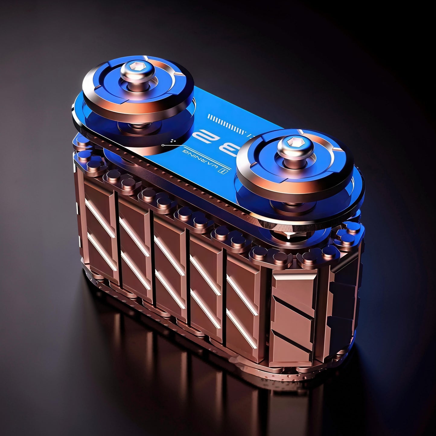 The Curious Mind Copper Tank Metal Spinner with blue accents and a unique segmented design. Features two spinning discs.