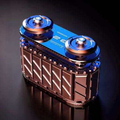 The Curious Mind Copper Tank Metal Spinner with blue accents and a unique segmented design. Features two spinning discs.
