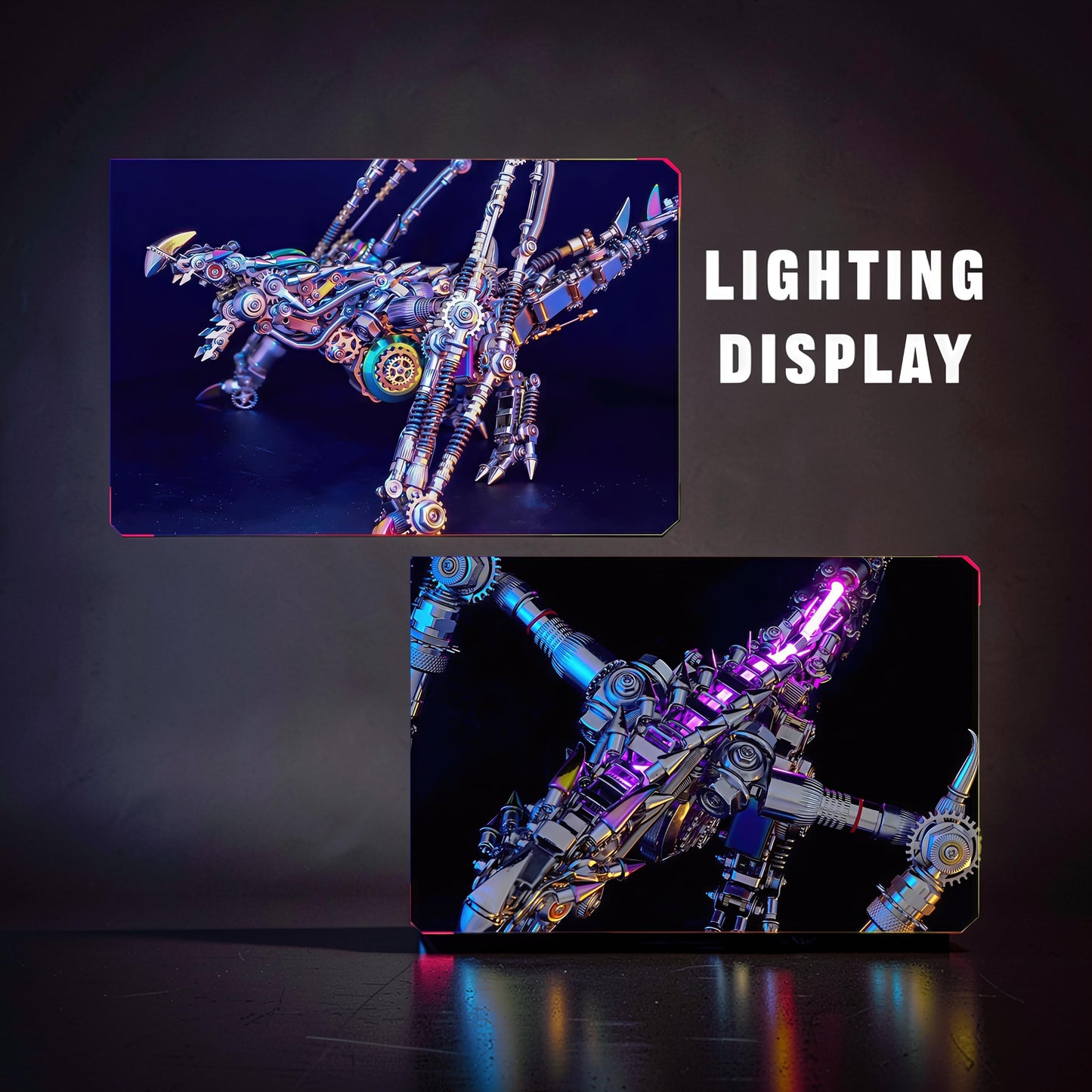 The Curious Mind Western Dragon Cyberpunk 3D Metal Model Kit with intricate gears and metallic finish, illuminated with blue and purple lights.