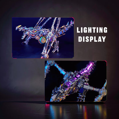 The Curious Mind Western Dragon Cyberpunk 3D Metal Model Kit with intricate gears and metallic finish, illuminated with blue and purple lights.