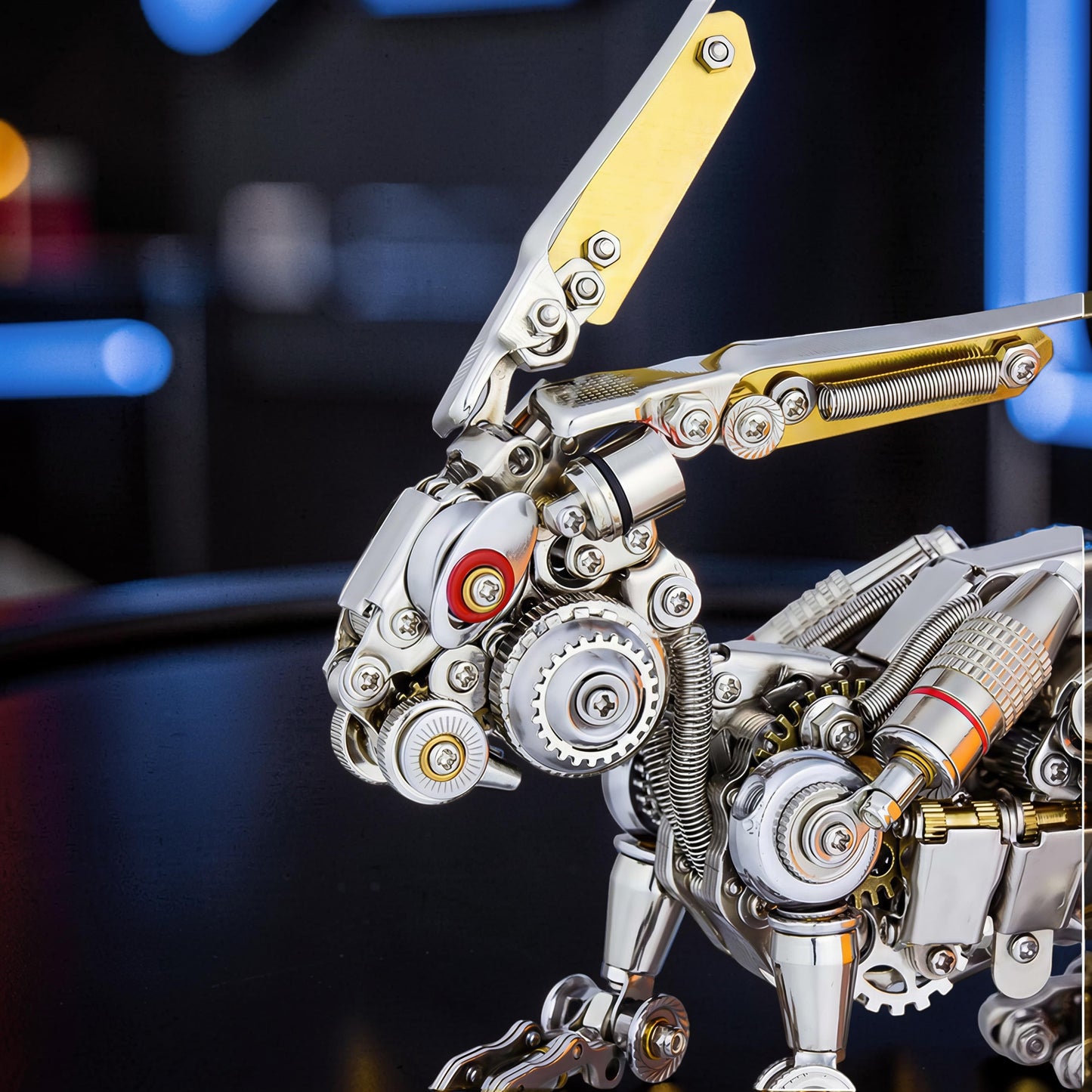 The Curious Mind Cyberpunk Rabbit 3D metal model kit with intricate gears, springs, and polished silver and gold accents.