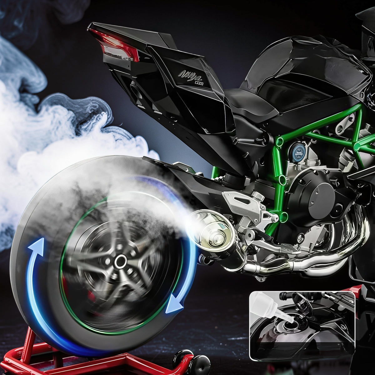 The Curious Mind 1/6 diecast motorcycle model in black with green frame, on a red stand with smoke effects.