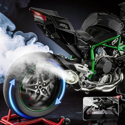 The Curious Mind 1/6 diecast motorcycle model in black with green frame, on a red stand with smoke effects.
