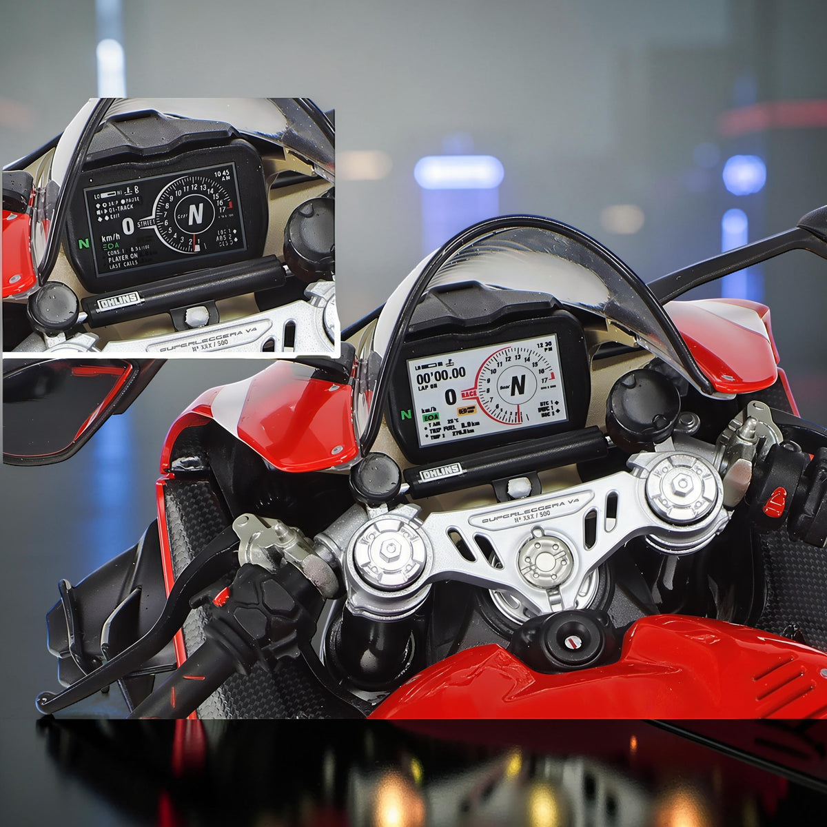 The Curious Mind 1/6 diecast motorcycle model, red and white, with detailed dashboard and handlebars.