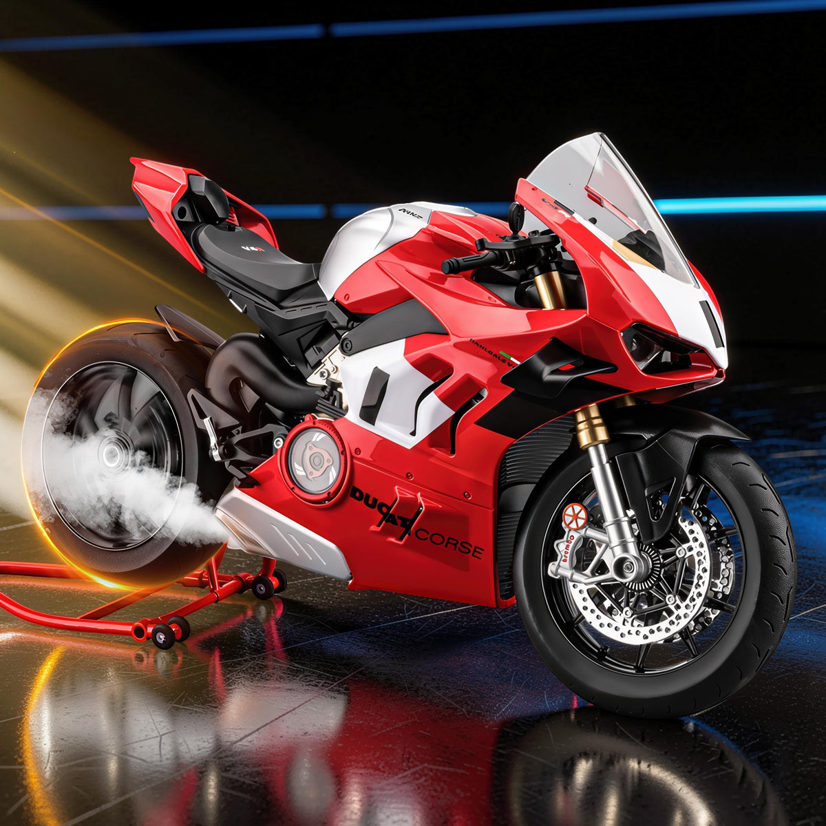 The Curious Mind 1/6 diecast motorcycle model in red and white, with intricate detailing and realistic smoke effect.
