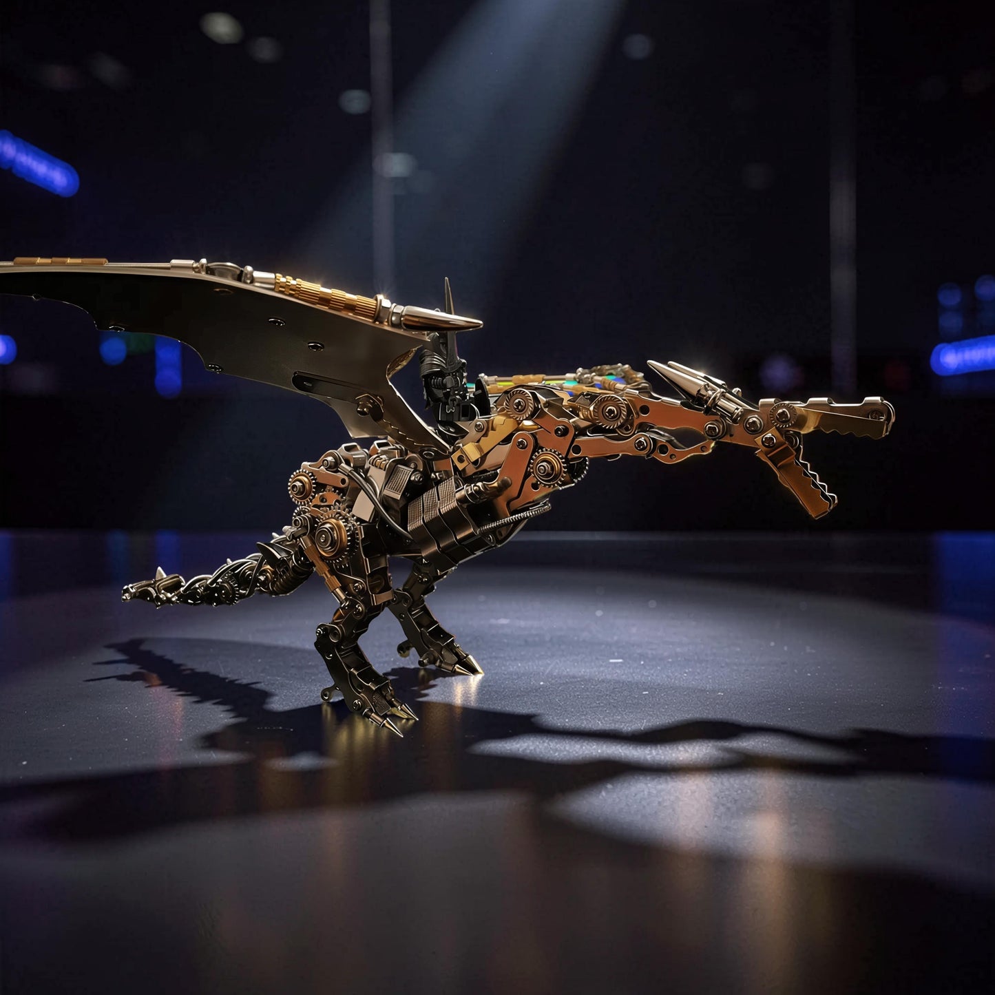 The Curious Mind Dragon with iridescent wings, a detailed 3D metal model kit with intricate gears and a steampunk aesthetic.