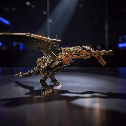 The Curious Mind Dragon with iridescent wings, a detailed 3D metal model kit with intricate gears and a steampunk aesthetic.