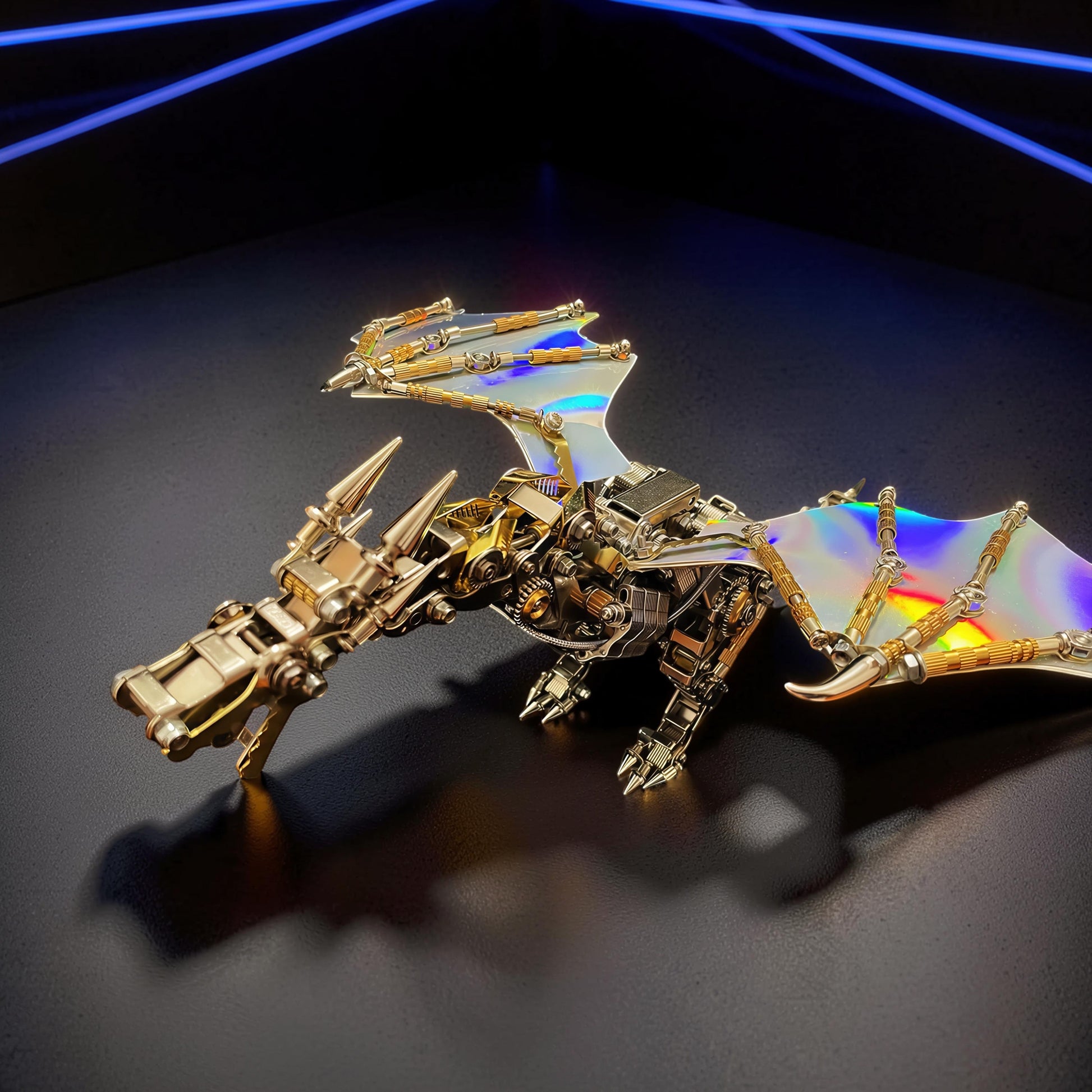 The Curious Mind Dragon with iridescent wings, a detailed 3D metal model kit with intricate gears and a steampunk aesthetic.