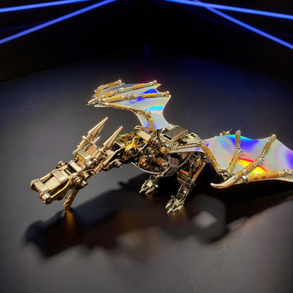 The Curious Mind Dragon with iridescent wings, a detailed 3D metal model kit with intricate gears and a steampunk aesthetic.