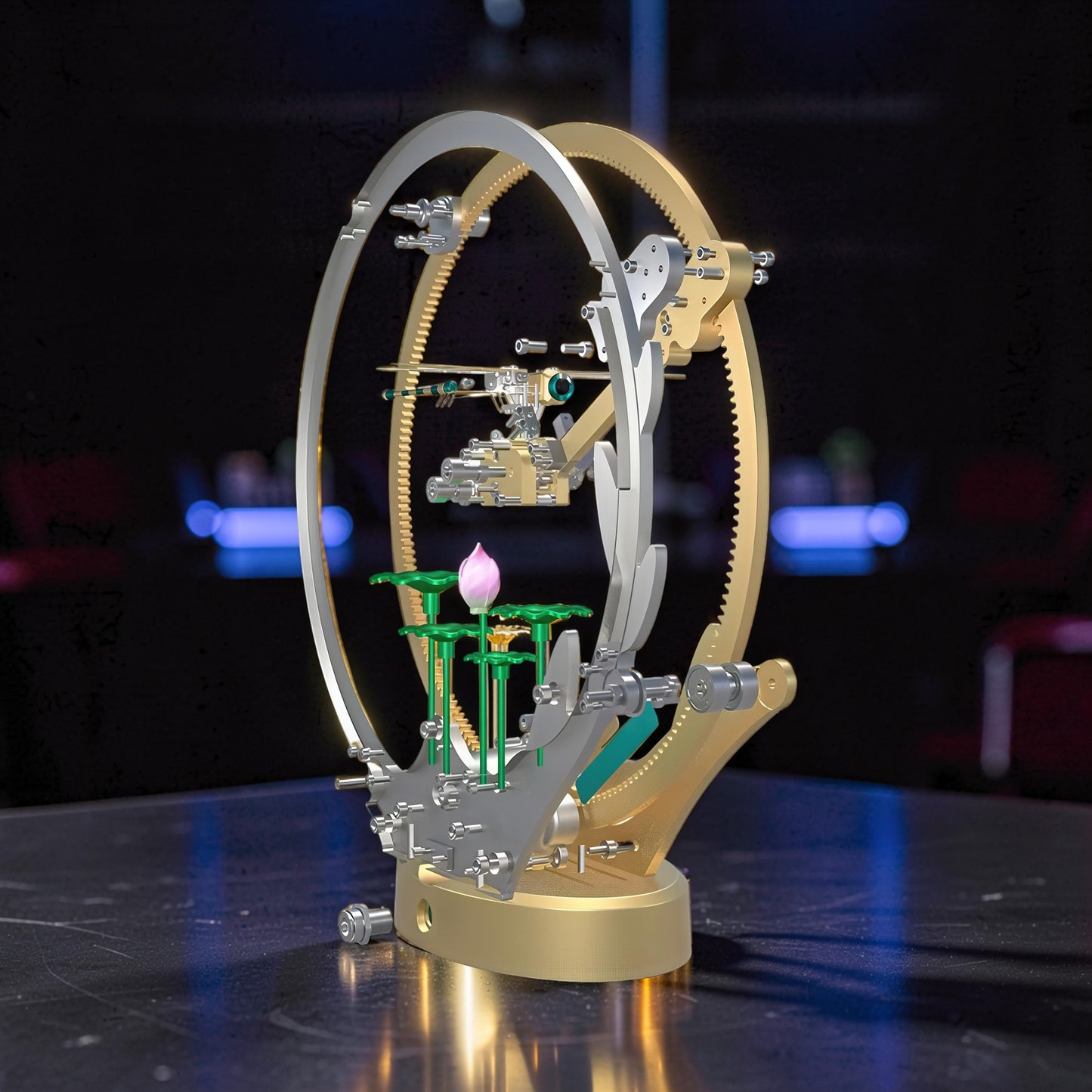 The Curious Mind Flying Dragonfly kinetic DIY kit, a metal mechanical model with gears, a pink lotus flower, and intricate details.