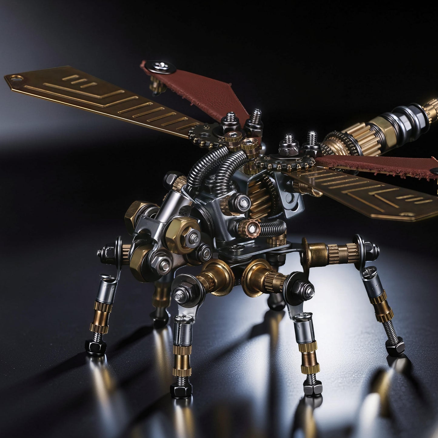 The Curious Mind Dragonfly 3D metal model kit with intricate gears, brass and silver metallic finish, and brown leather accents on wings.