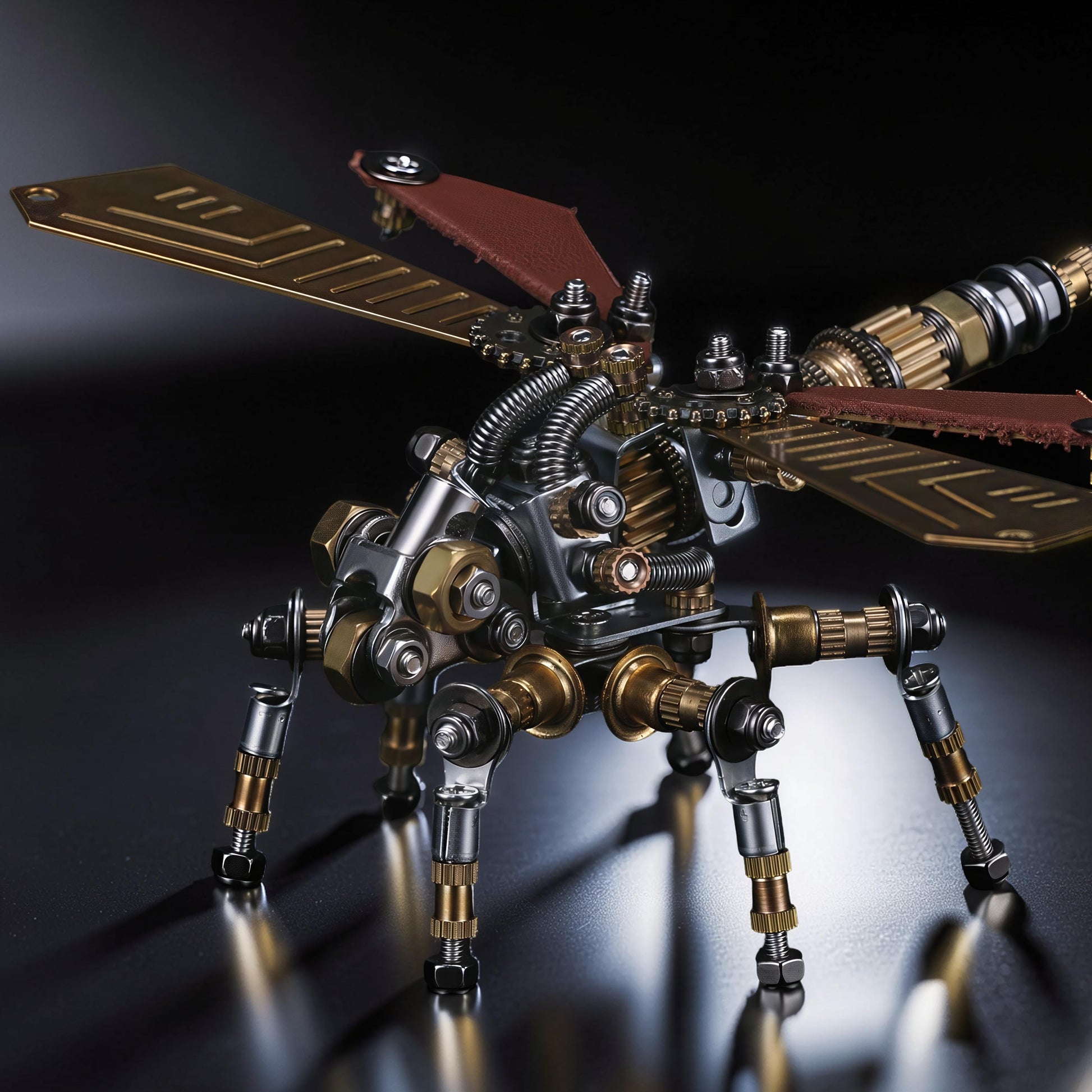 The Curious Mind Dragonfly 3D metal model kit with intricate gears, brass and silver metallic finish, and brown leather accents on wings.