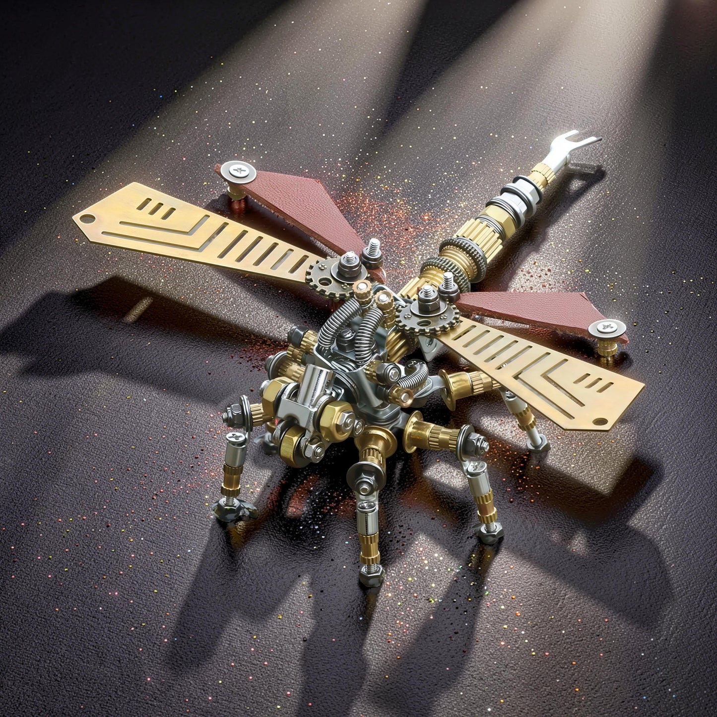 The Curious Mind Dragonfly premium 3D metal model kit with brass wings and intricate mechanical details.