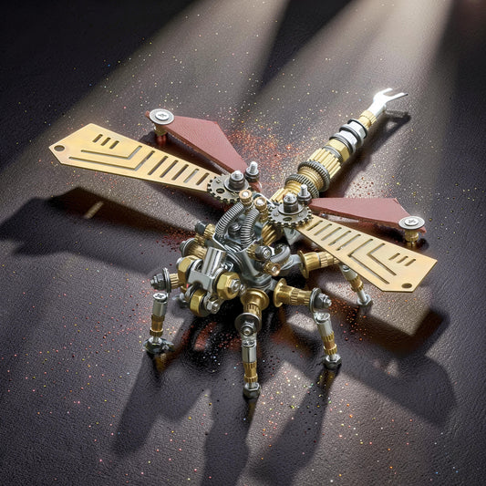 The Curious Mind Dragonfly premium 3D metal model kit with brass wings and intricate mechanical details.