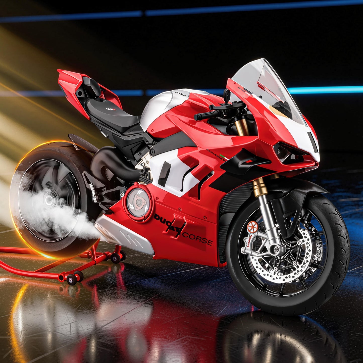 The Curious Mind Ducati Panigale V4R 1/6 diecast motorcycle model in red and white, with intricate detailing and realistic smoke effect.
