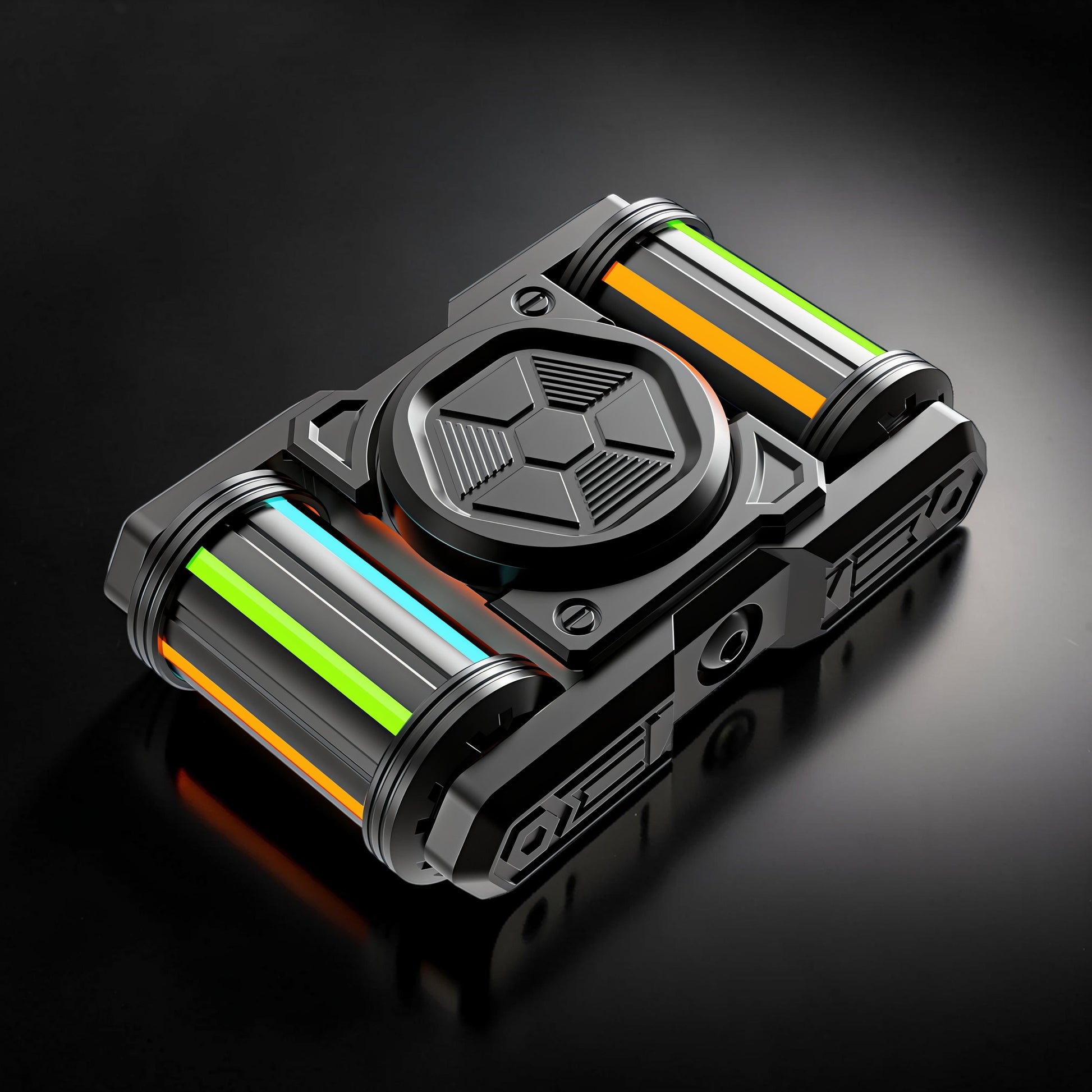 The Curious Mind Cutting Jue EDC metal spinner with neon green, blue, and orange stripes on a black background.