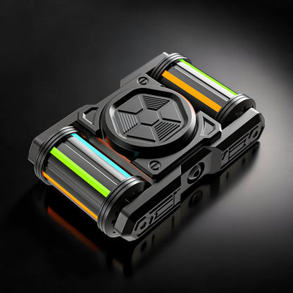 The Curious Mind Cutting Jue EDC metal spinner with neon green, blue, and orange stripes on a black background.