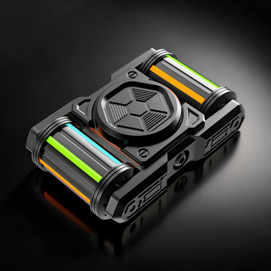 The Curious Mind Cutting Jue EDC metal spinner with neon green, blue, and orange stripes on a black background.