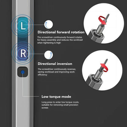 The Curious Mind electric precision screwdriver set with directional forward rotation, inversion, and low torque mode for electronics repair.