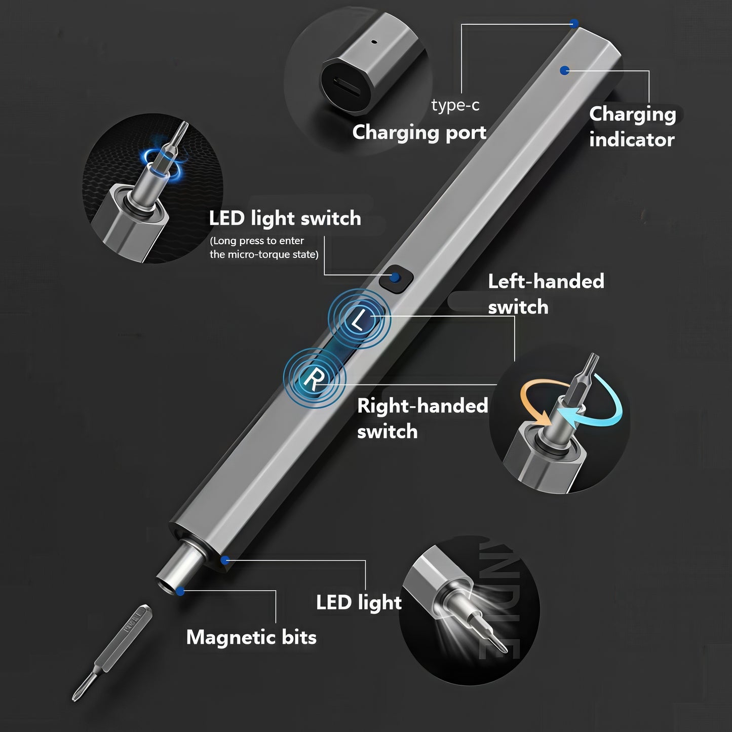 The Curious Mind 66-in-1 electric precision screwdriver set with USB-C charging, LED light, and magnetic bits for electronics repair.
