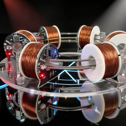 The Curious Mind electromagnetic coil accelerator display made of metal and acrylic with copper coils and red LEDs.