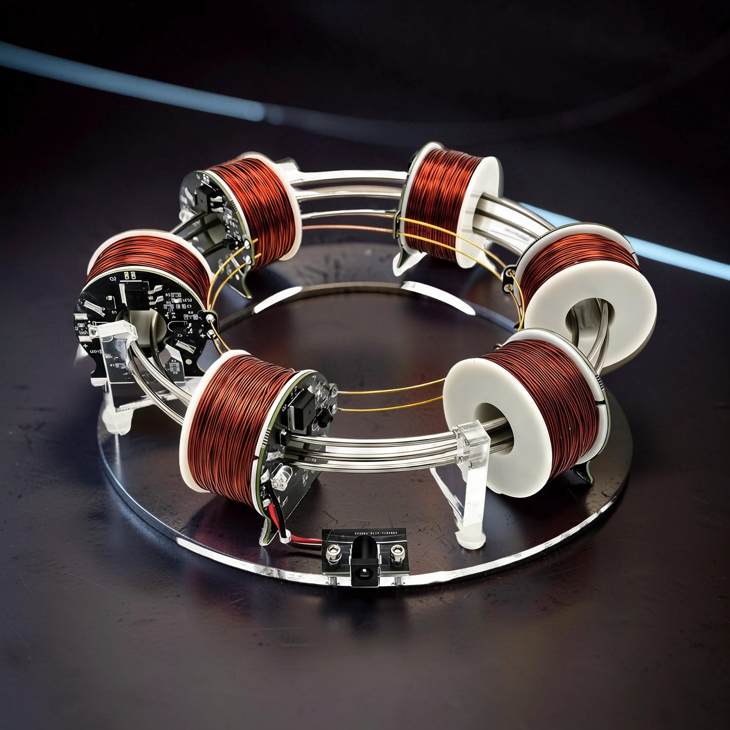 The Curious Mind High-Tech Electromagnetic Coil Accelerator Display, a metal and acrylic science toy with copper coils and circuit boards.