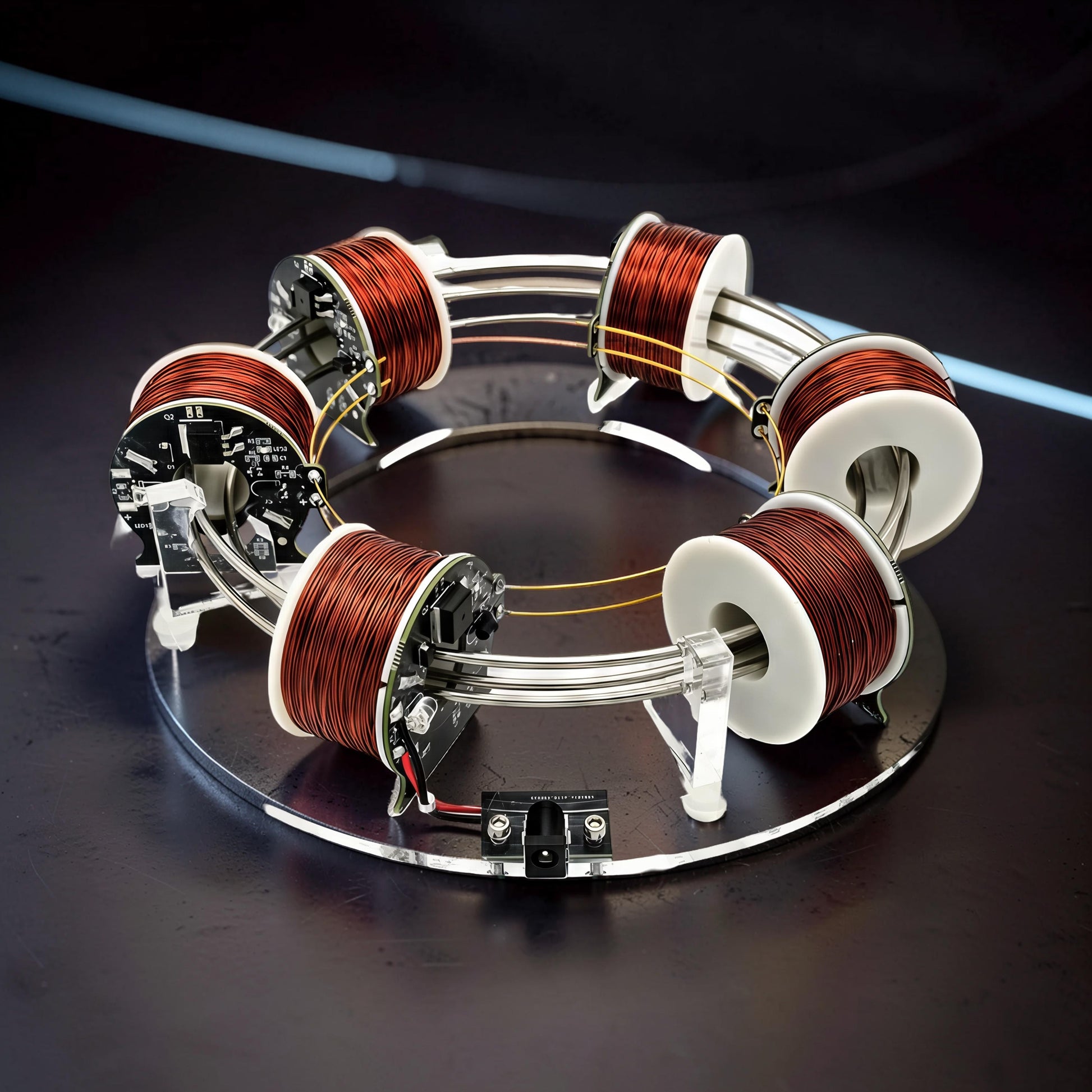 The Curious Mind High-Tech Electromagnetic Coil Accelerator Display, a metal and acrylic science toy with copper coils and circuit boards.