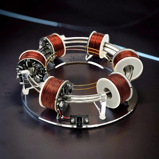The Curious Mind High-Tech Electromagnetic Coil Accelerator Display, a metal and acrylic science toy with copper coils and circuit boards.