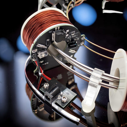 The Curious Mind High-Tech Electromagnetic Coil Accelerator Display, a metal and acrylic science toy with copper coils and circuit board.