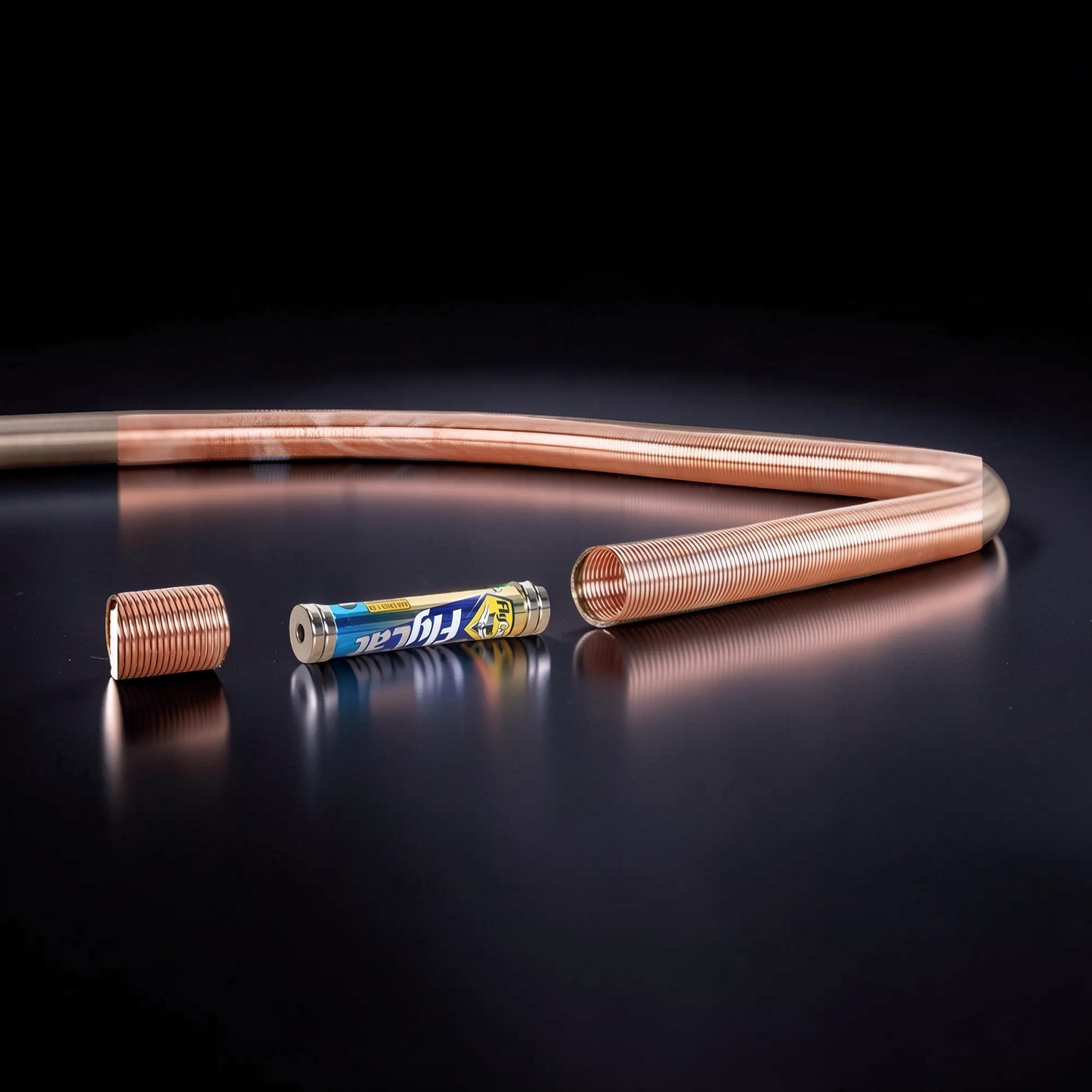 The Curious Mind Electromagnetic Train Puzzle Toy, a copper coil tube with a battery and two end caps on a reflective black surface.