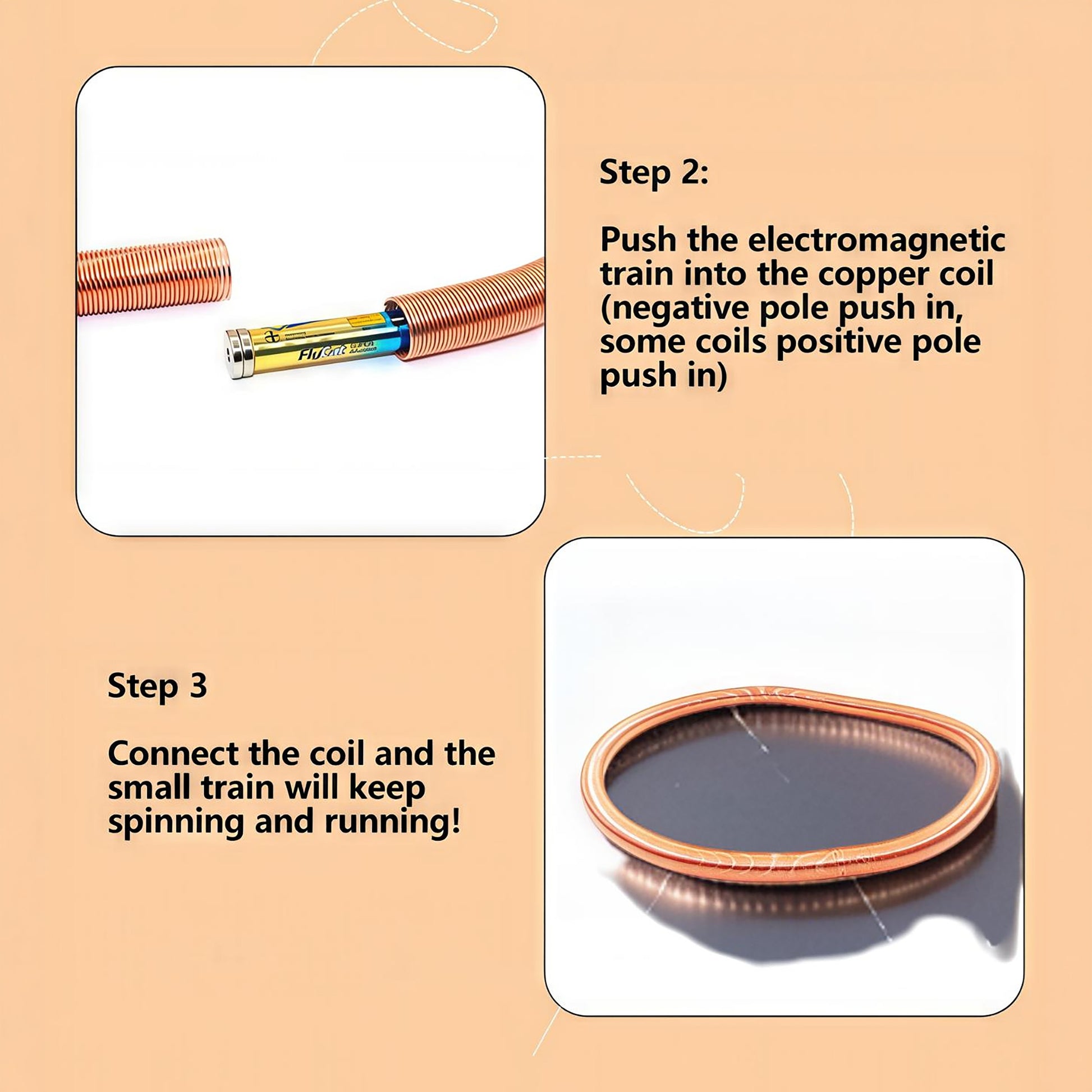 The Curious Mind Electromagnetic Train Puzzle Toy with batteries inside copper coil and a separate copper ring.