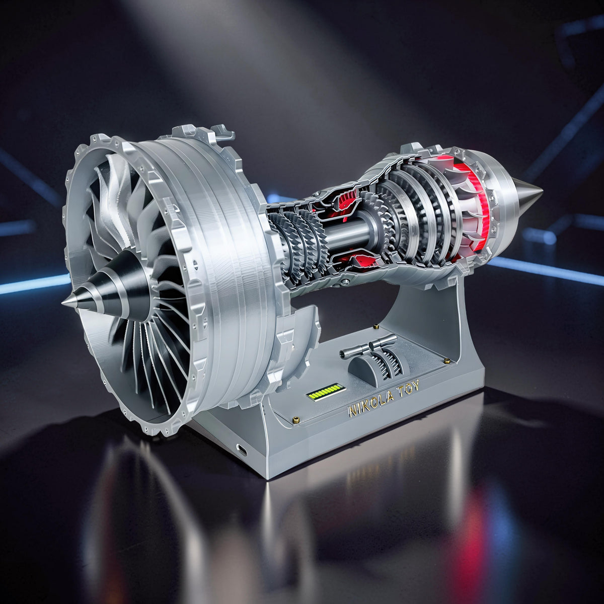 The Curious Mind turbofan engine display model, 40cm, made of silver PLA with red accents and mechanical movement.