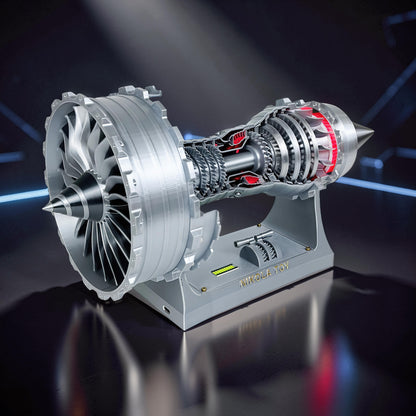 The Curious Mind turbofan engine display model, 40cm, made of silver PLA with red accents and mechanical movement.