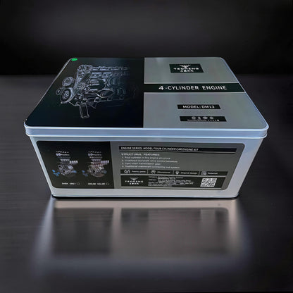 The Curious Mind L4 Four-Cylinder Engine DIY Kit metal model, features detailed engine illustration and structural features.
