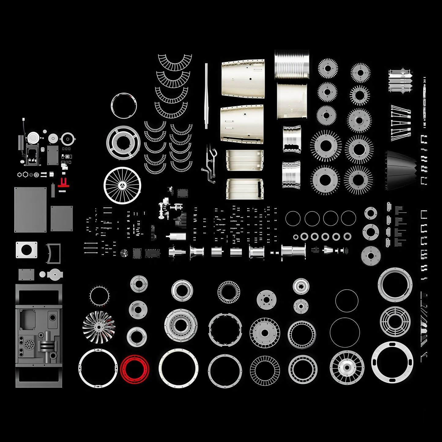 The Curious Mind F35 Fighter Jet Turbofan DIY Kit model parts laid out on a black background. Includes PLA components for building a detailed aviation model.
