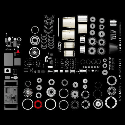 The Curious Mind F35 Fighter Jet Turbofan DIY Kit model parts laid out on a black background. Includes PLA components for building a detailed aviation model.