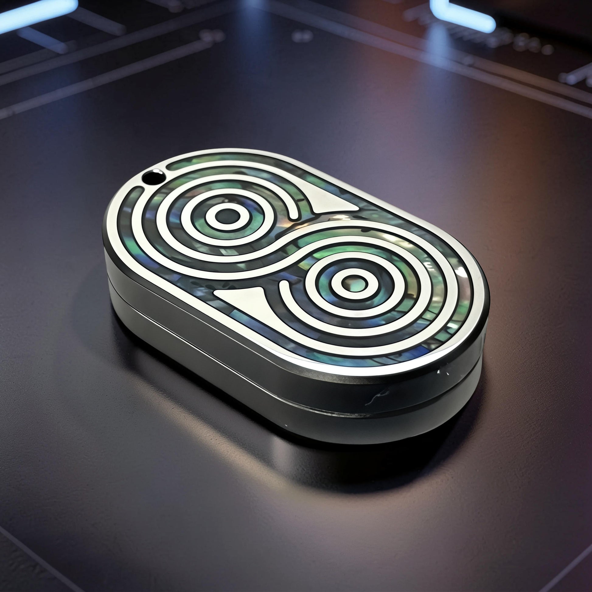 The Curious Mind Fritillary Push Slider fidget toy with a yin-yang design, featuring iridescent abalone shell and silver accents.
