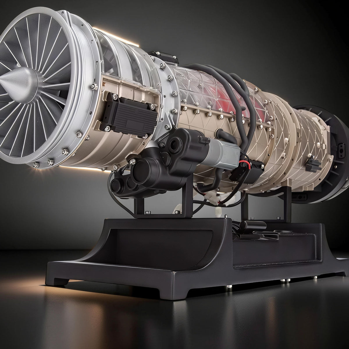 The Curious Mind Fighter Jet Turbofan DIY Kit model, a detailed PLA replica with clear casing and intricate mechanical parts on a black display stand.