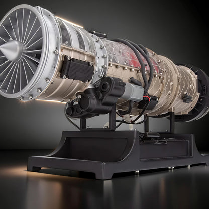 The Curious Mind Fighter Jet Turbofan DIY Kit model, a detailed PLA replica with clear casing and intricate mechanical parts on a black display stand.