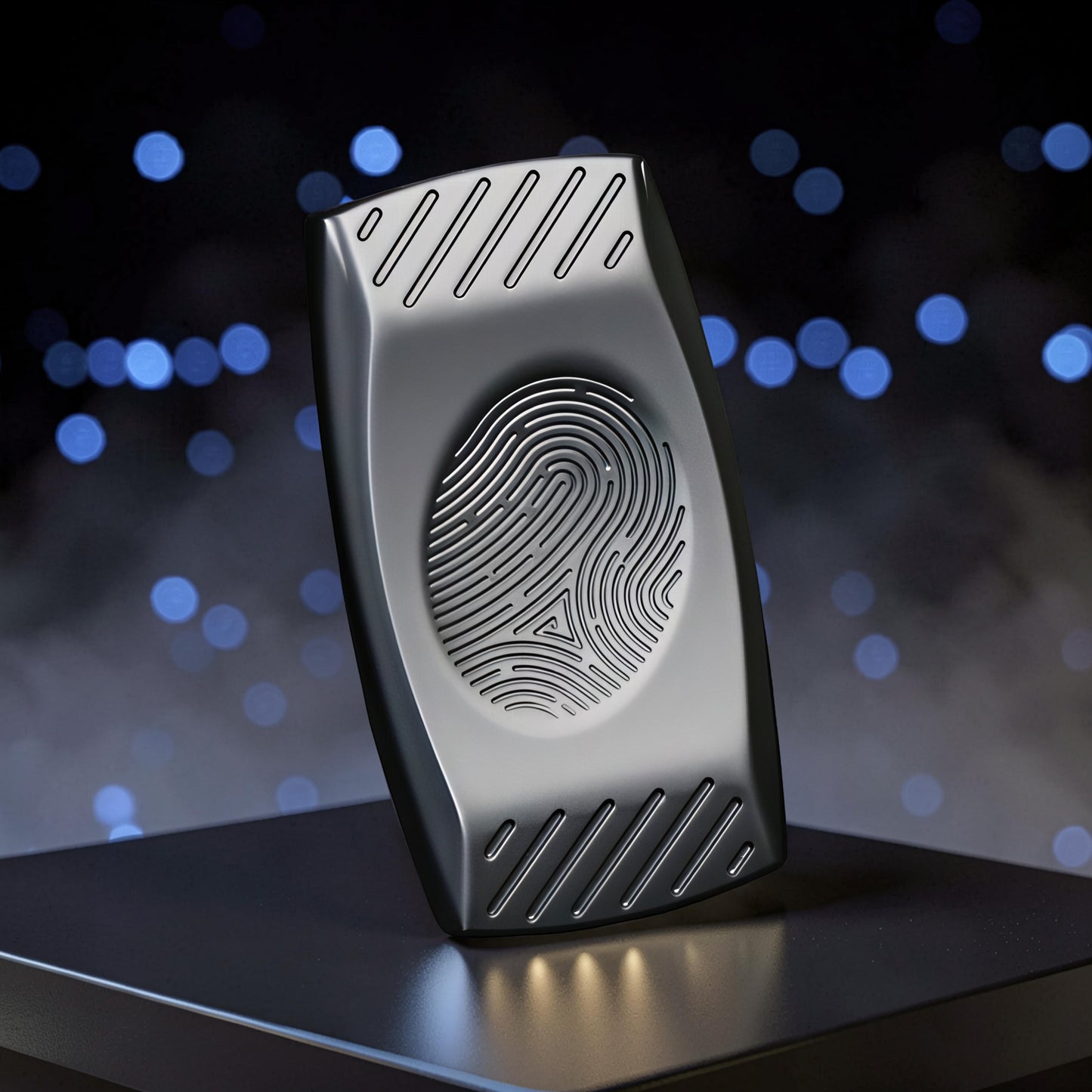The Curious Mind Fingerprint Pattern Push Slider, a compact metal fidget toy with a fingerprint design and textured edges.