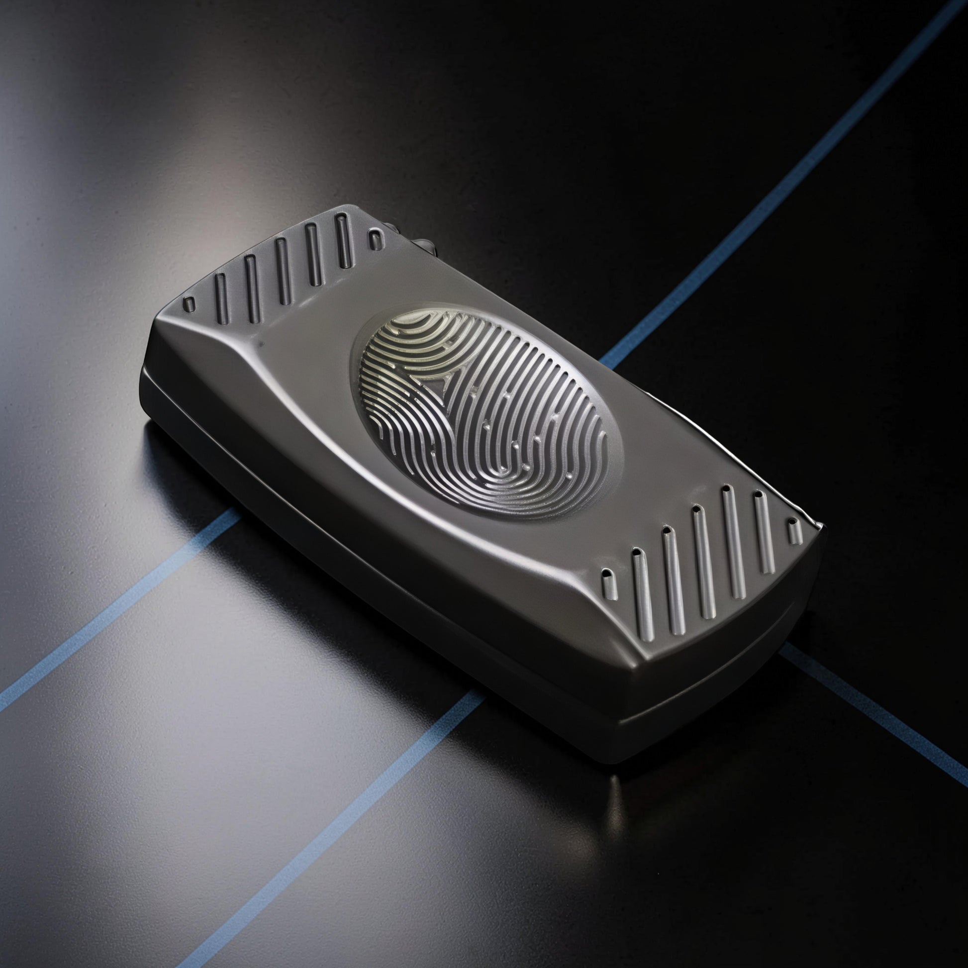 The Curious Mind Fingerprint Pattern Push Slider fidget toy, compact metal design with tactile fingerprint texture and grooved ends.
