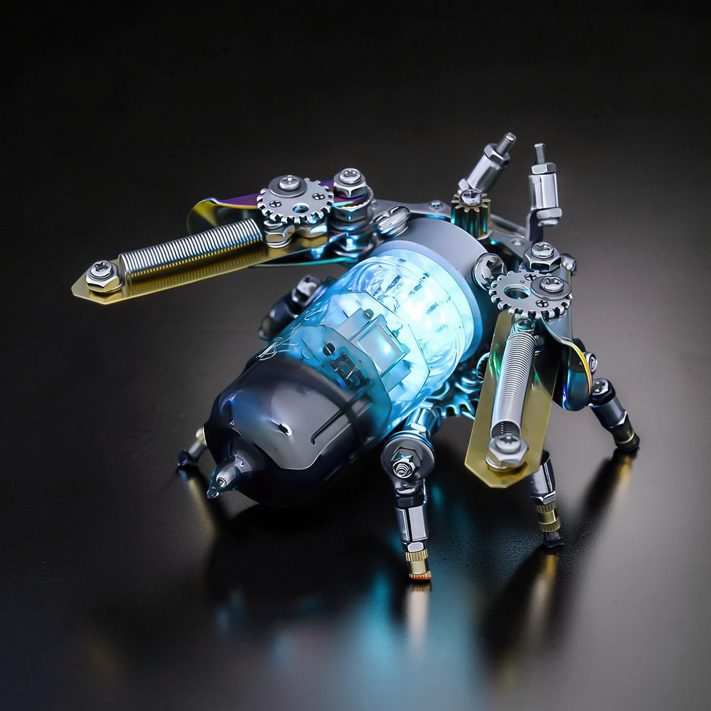 The Curious Mind Firefly punk-style 3D metal model kit with glowing blue interior, gears, springs, and metallic finish.