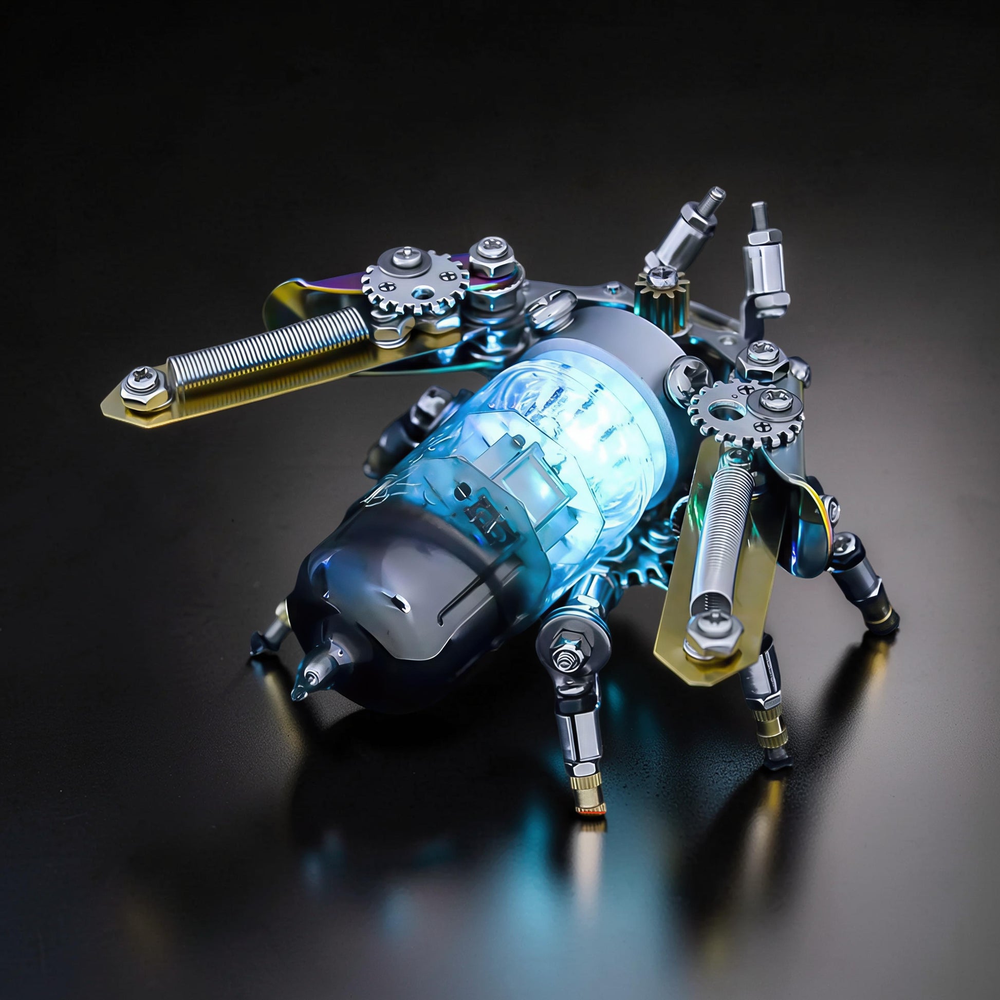 The Curious Mind Firefly punk-style 3D metal model kit with glowing blue interior, gears, springs, and metallic finish.